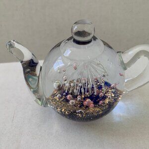 Teapod Paperweight Glass Dynasty Gallery Heirloom 4x3" Clear Pink Blue Art